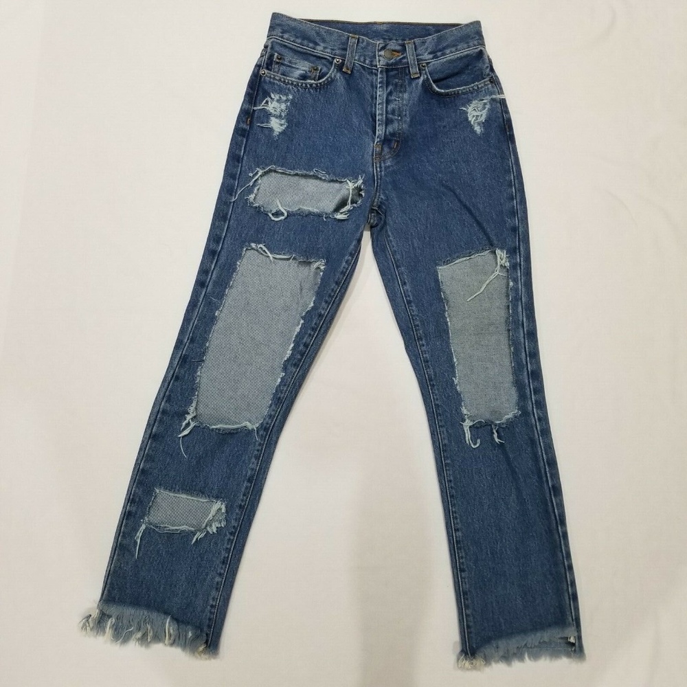 Car Mar Ripped Destroyed Cut Out High Rise Button Fly Boyfriend Jeans 25 Carmar